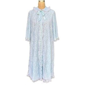 Vintage 60s Odette Barsa Aqua Blue Lace Full Length Peignoir Duster Robe M/L/XL